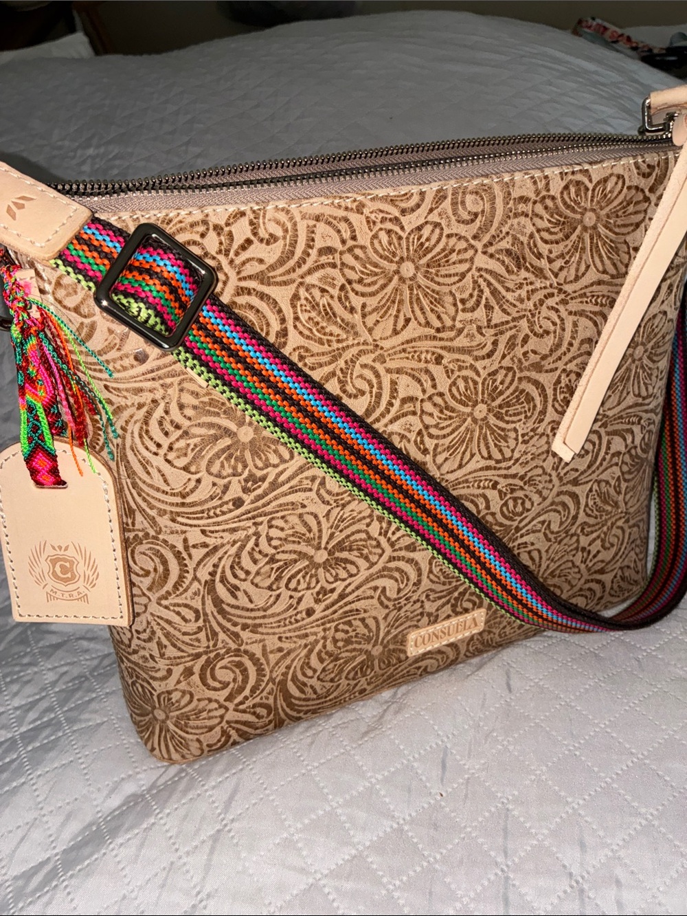 NWT Consuela Lawton Downtown Tooled Tan Brown Leather Hobo shoulder crossbody ba